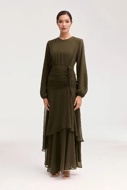 Retro Chic Crepe Maxi Dresses -Retro Chic Crepe Maxi Dresses -Narjis Side Rouched Maxi Dress - Olive