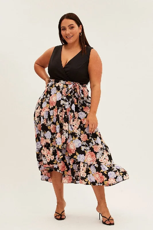 Young Formal Maxi Dresses -Young Formal Maxi Dresses -Print Floral Maxi Dress Plain Bodice V-neck Frill Skirt