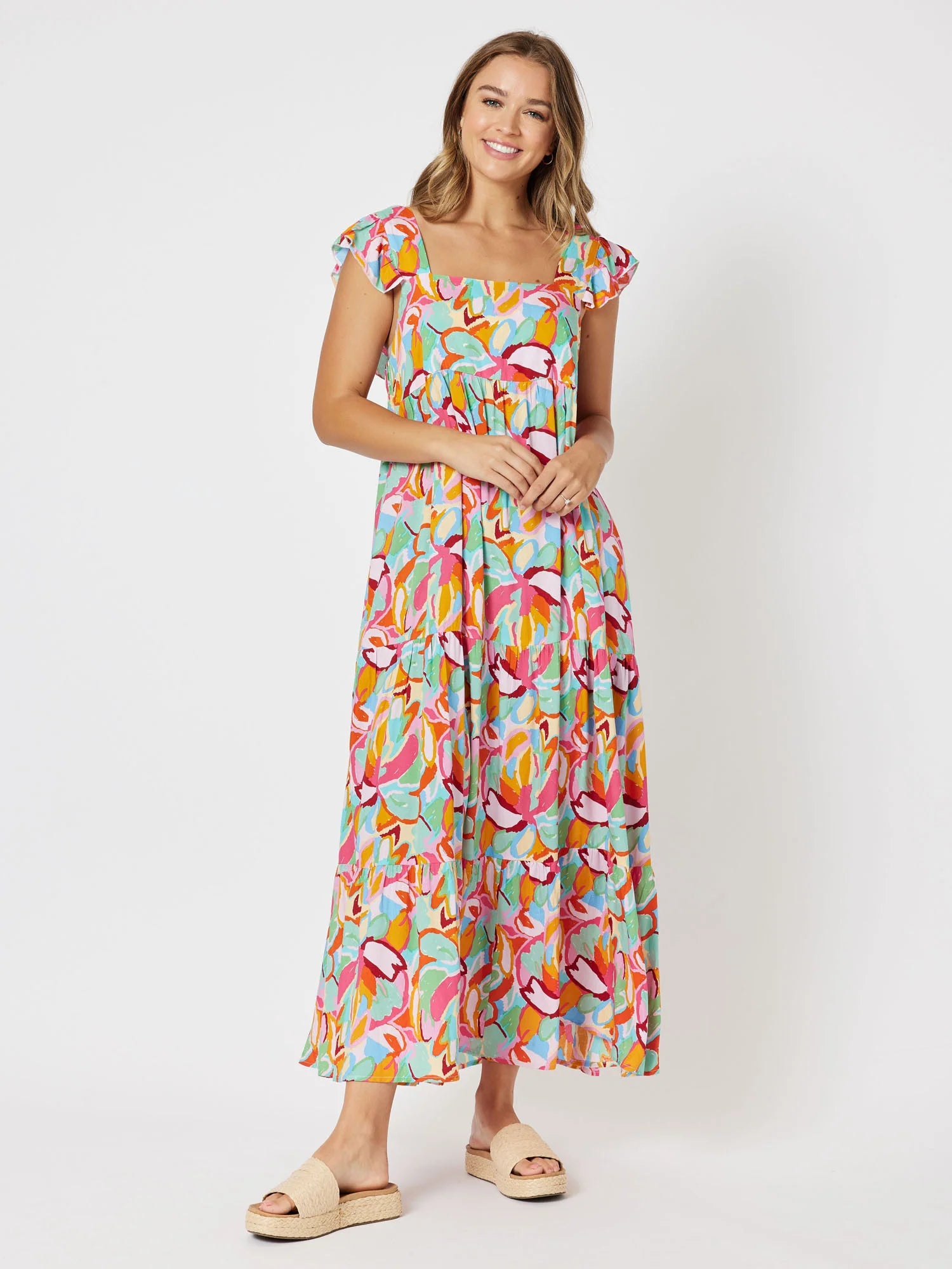 Laid-Back Garnet Maxi Dresses -Laid-Back Garnet Maxi Dresses -Monet Print Tiered Maxi Dress