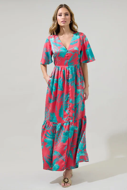 Jet Trapeze Coastal Maxi Dresses -Jet Trapeze Coastal Maxi Dresses -Palm Tropics Pismo Button Down Flutter Maxi Dress