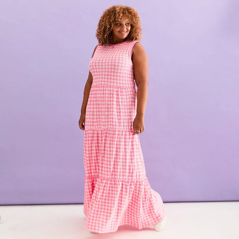 Rose Gold Lurex Maxi Dresses -Rose Gold Lurex Maxi Dresses -Paula Gingham Cotton Knitted Maxi Dress - Hot Pink