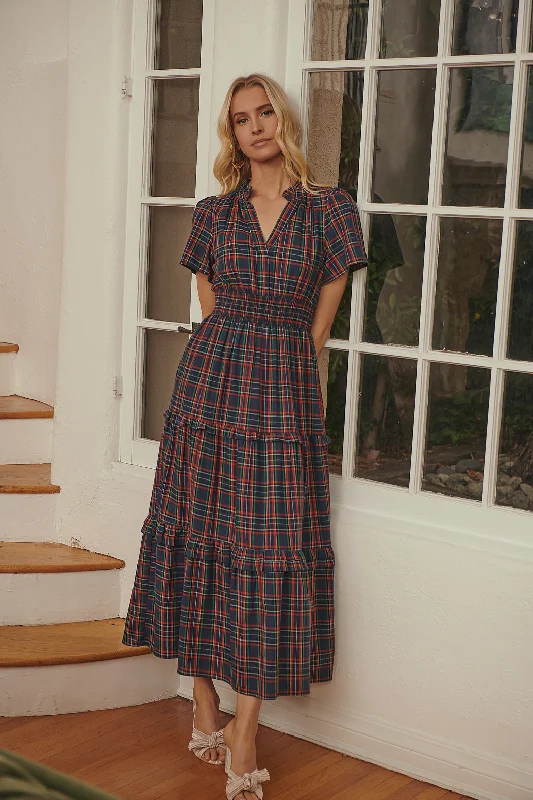 Crepe Formal Maxi Dresses -Crepe Formal Maxi Dresses -Miley Plaid Palmer Poplin Tiered Maxi Dress