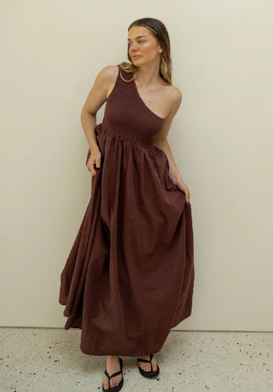 Sweetheart Claret Maxi Dresses -Sweetheart Claret Maxi Dresses -Miann & Co Women - Tia One Shoulder Shirred Maxi Dress - Coco