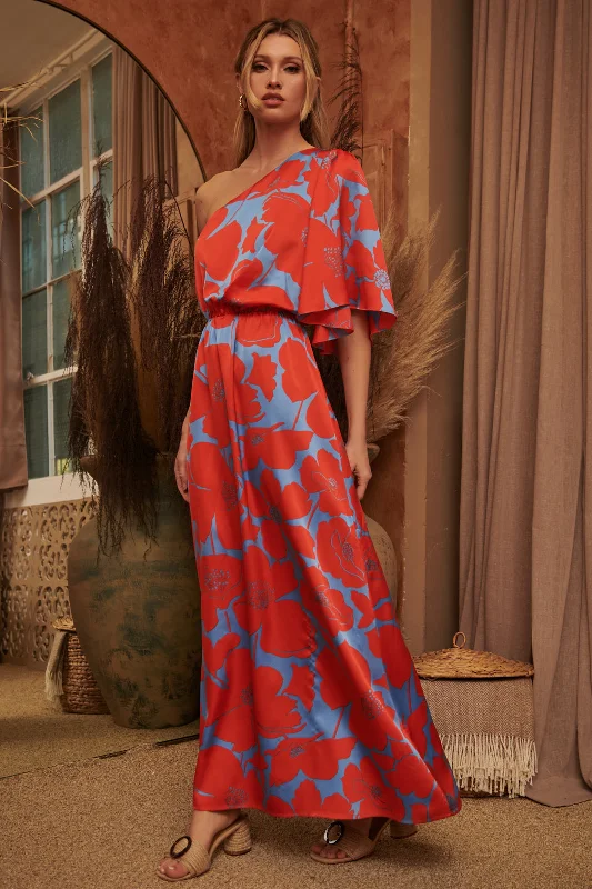 Gathering Moss Maxi Dresses -Gathering Moss Maxi Dresses -Poppy Floral Meara One Shoulder Satin Maxi Dress