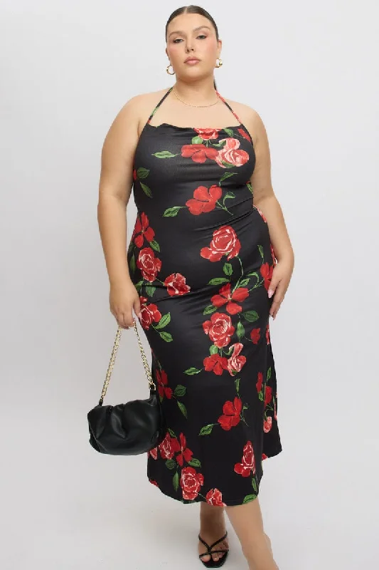 Full-Figure Hot Weather Maxi Dresses -Full-Figure Hot Weather Maxi Dresses -Black Floral Jersey Halter Bodycon Maxidress