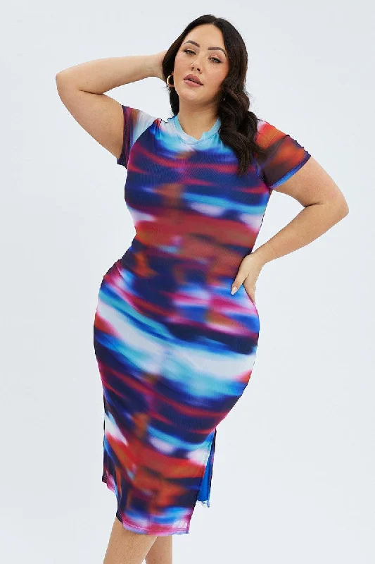 Polished Maxi Dresses -Polished Maxi Dresses -Multi Abstract Maxi Dress Mesh Cap Sleeve Bodycon