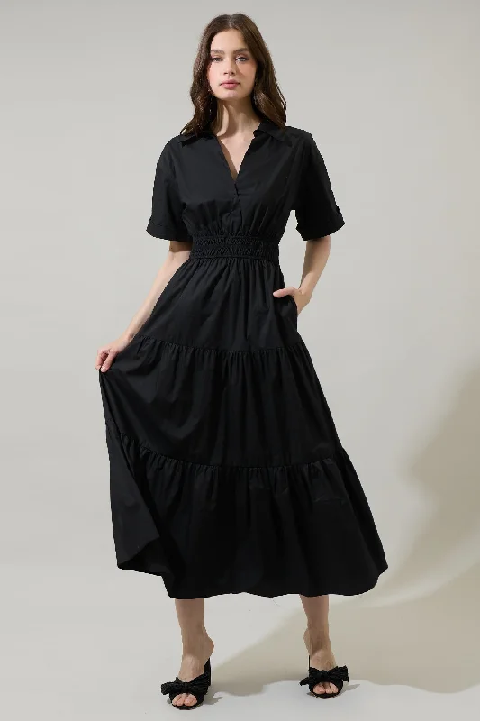 Gabardine Leisure Maxi Dresses -Gabardine Leisure Maxi Dresses -Milah Tiered Collared Maxi Dress