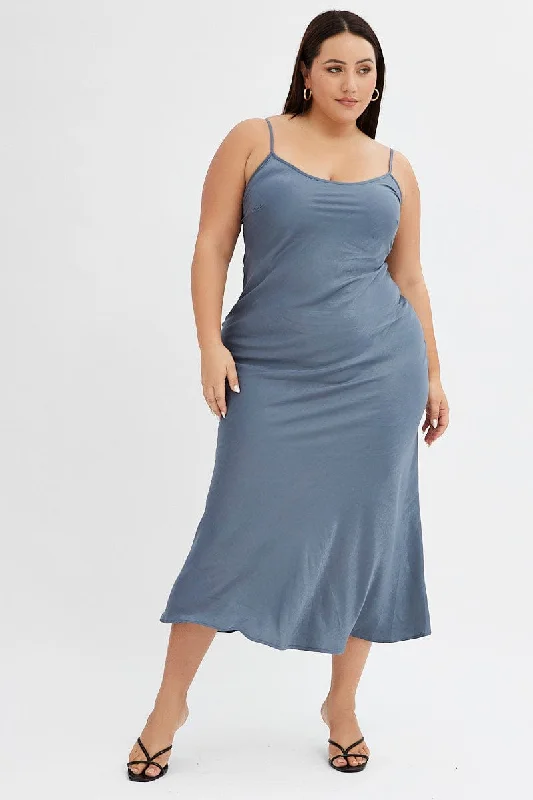 Denim Pom-Pom Maxi Dresses -Denim Pom-Pom Maxi Dresses -Grey Slip Dress Sleeveless Maxi