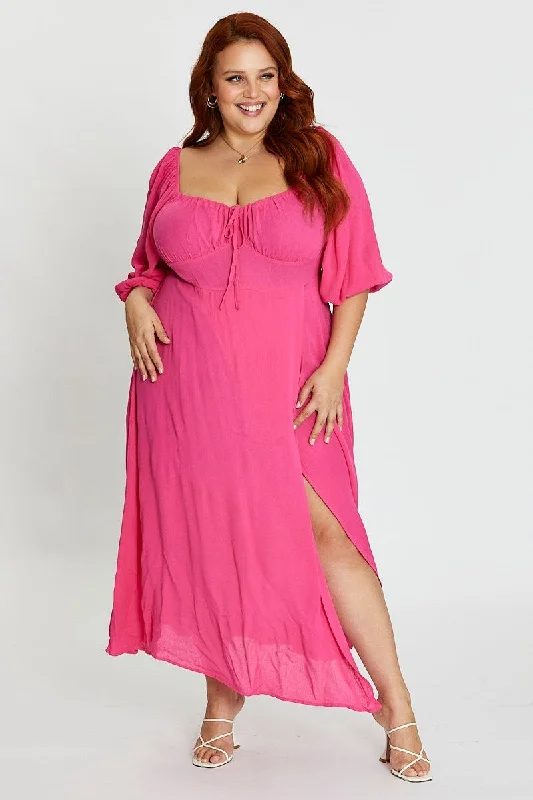 Mandarin Armless Maxi Dresses -Mandarin Armless Maxi Dresses -Hot Pink Maxi Dress Scoop Neck Short Sleeve Front Split