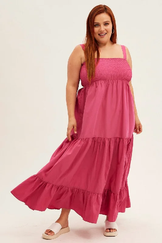 Full-Figure Maxi Dresses -Full-Figure Maxi Dresses -Pink Maxi Dress Sleeveless Shirred Tiered