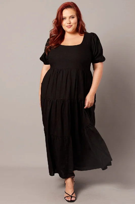 Crepe Maxi Dresses -Crepe Maxi Dresses -Black Scoop Neck Linen Maxidress With Pockets