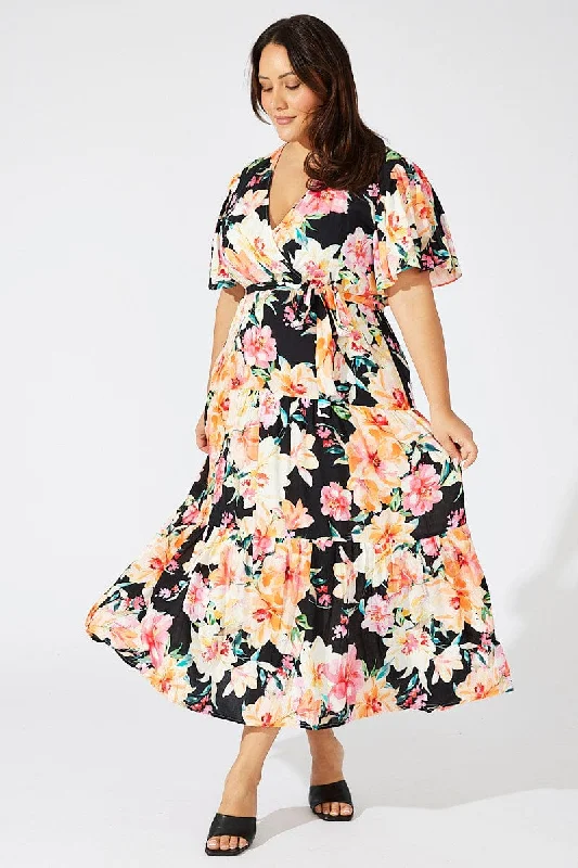 Gabardine Maxi Dresses -Gabardine Maxi Dresses -Multi Floral Faux Wrap Maxidress Flare Sleeve V-neck