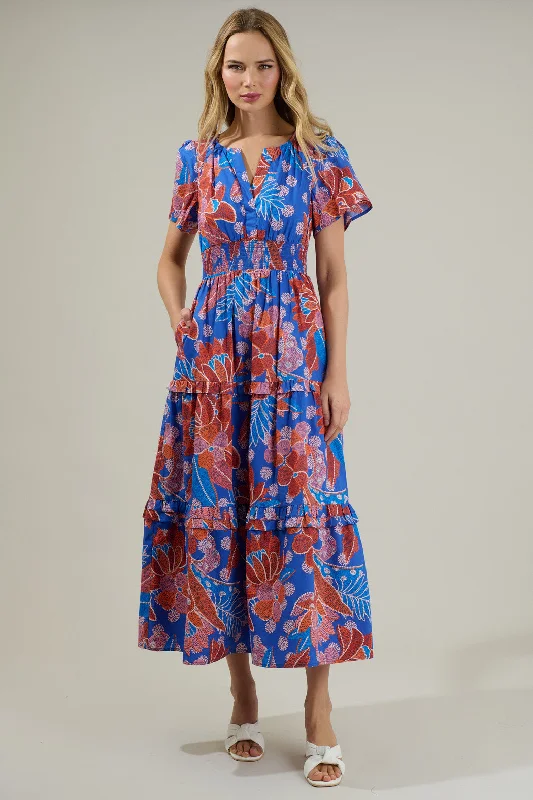 Full-Figure Tropical Hot Weather Maxi Dresses -Full-Figure Tropical Hot Weather Maxi Dresses -Amazonia Blue Floral Palmer Poplin Tiered Maxi Dress