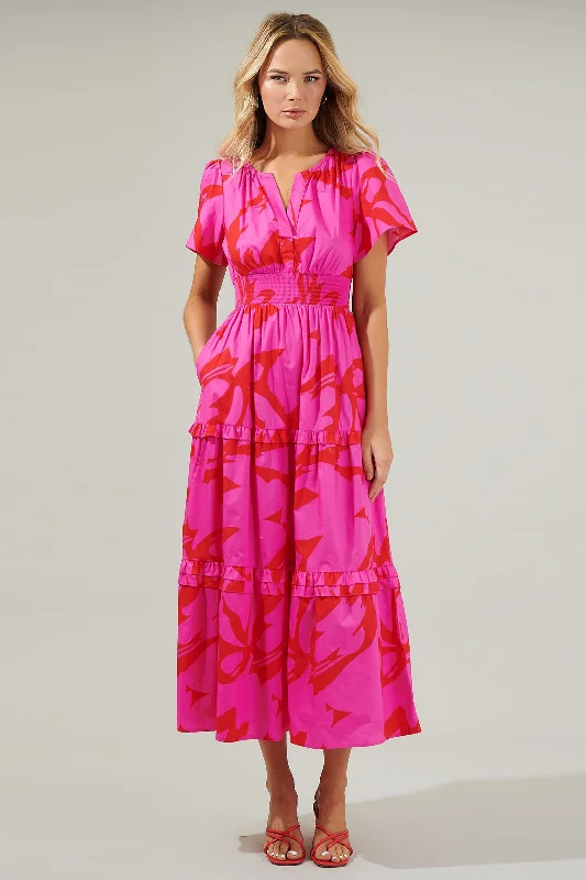 Leisure Maxi Dresses -Leisure Maxi Dresses -Jolene Abstract Palmer Poplin Tiered Maxi Dress