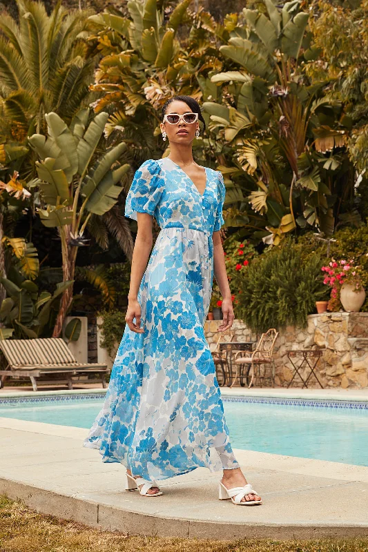 Crepe Azure Maxi Dresses -Crepe Azure Maxi Dresses -Kerela Floral Linana Button Front Maxi Dress