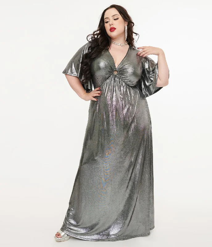 Voile Gathering Maxi Dresses -Voile Gathering Maxi Dresses -Smak Parlour Plus Size 1970s Metallic Silver Cutout Maxi Dress