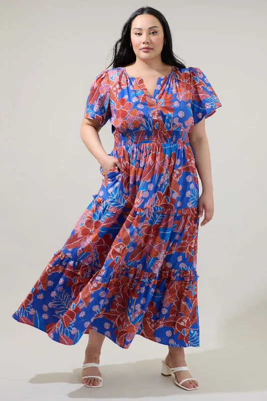 Salmon Capped Sleeve Coastal Maxi Dresses -Salmon Capped Sleeve Coastal Maxi Dresses -Amazonia Blue Floral Palmer Poplin Tiered Maxi Dress Curve