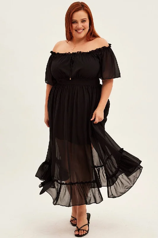 Choker Maxi Dresses -Choker Maxi Dresses -Black Maxi Dress Off Shoulder Chiffon