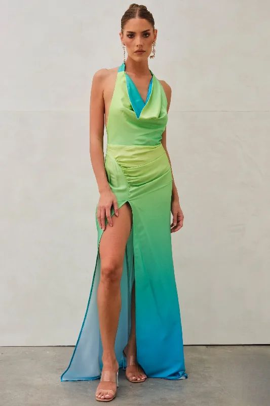 Ethereal Maxi Dresses -Ethereal Maxi Dresses -Ola Ombre Halter Maxi Dress Green & Blue