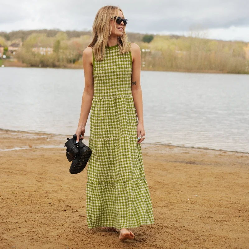 Amber Coastal Maxi Dresses -Amber Coastal Maxi Dresses -Paula Gingham Cotton Knitted Maxi Dress - Green