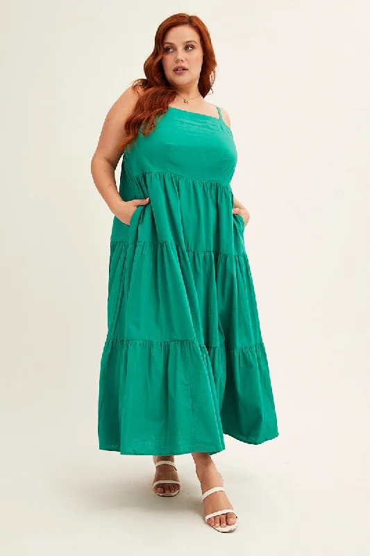 Understated Leisure Maxi Dresses -Understated Leisure Maxi Dresses -Green Sleeveless Cotton Maxi Dress With Pockets