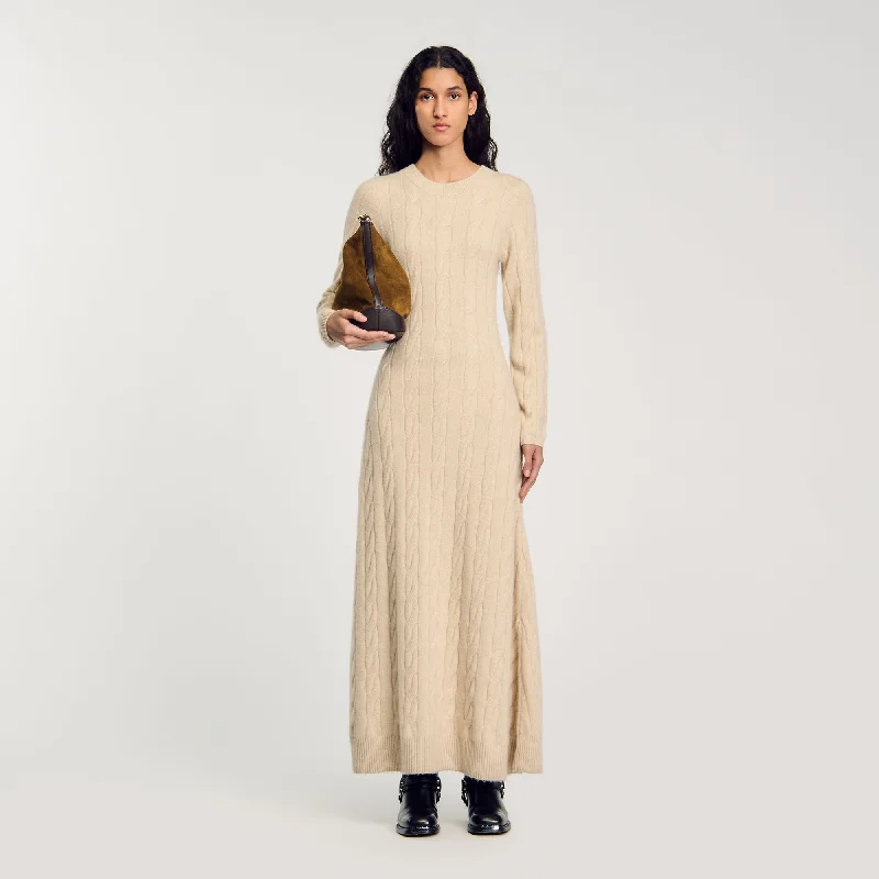 Cinched Cream Maxi Dresses -Cinched Cream Maxi Dresses -Cable Knit Maxi Dress