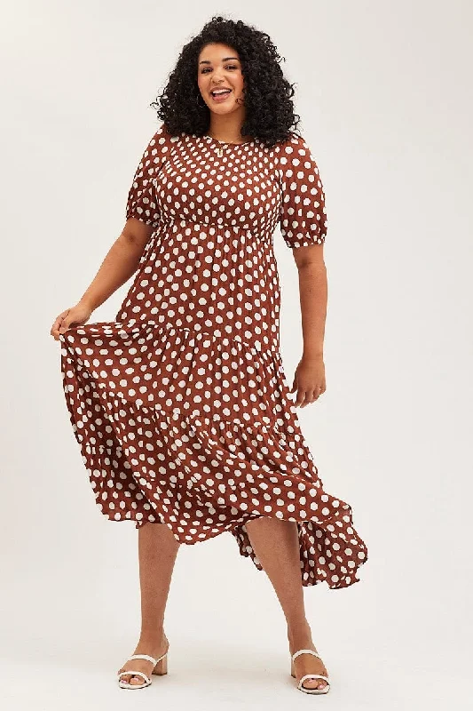 Oatmeal Springtime Maxi Dresses -Oatmeal Springtime Maxi Dresses -Polka Dot Maxi Dress Round Neck Puff Sleeve Shirred