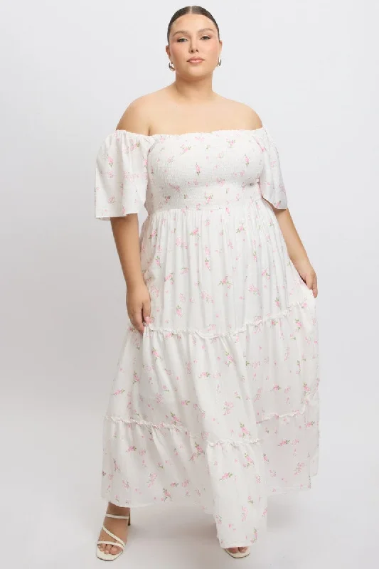 Top-Tier Getaway Maxi Dresses -Top-Tier Getaway Maxi Dresses -White Ditsy Maxi Dress Short Sleeve Tiered