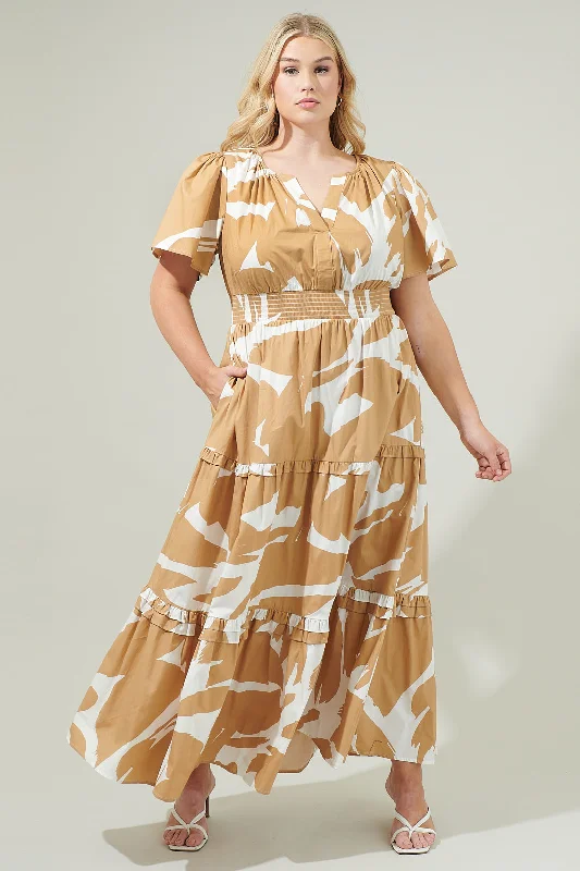 Oatmeal Maxi Dresses -Oatmeal Maxi Dresses -Hazel Abstract Palmer Poplin Tiered Maxi Dress Curve