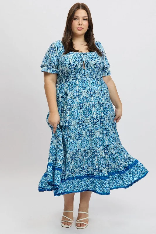 Swing Azure Maxi Dresses -Swing Azure Maxi Dresses -Blue Boho Maxi Dress Short Sleeve