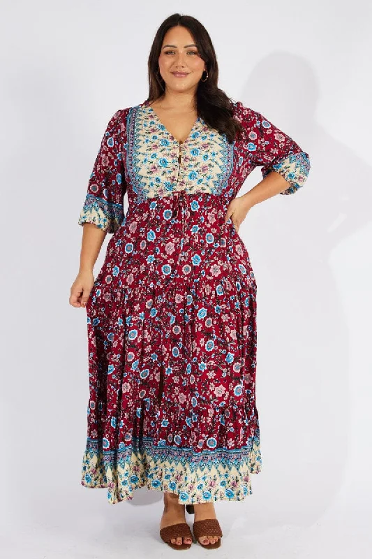 Full-Figure Garnet Maxi Dresses -Full-Figure Garnet Maxi Dresses -Multi Boho Maxidress Puff 3/4 Sleeve Drawstring Waist