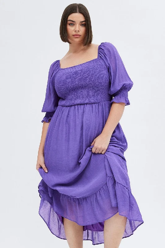 Denim Pom-Pom Formal Maxi Dresses -Denim Pom-Pom Formal Maxi Dresses -Purple Maxi Dress Half Sleeve Shirred