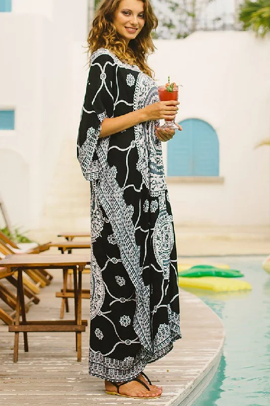 Pewter Rayon Hot Weather Maxi Dresses -Pewter Rayon Hot Weather Maxi Dresses -SHU-SHI Women's Ethnic Mandala Kaftan: Loose Casual Maxi Beach Cover-Up Dress with Sequins