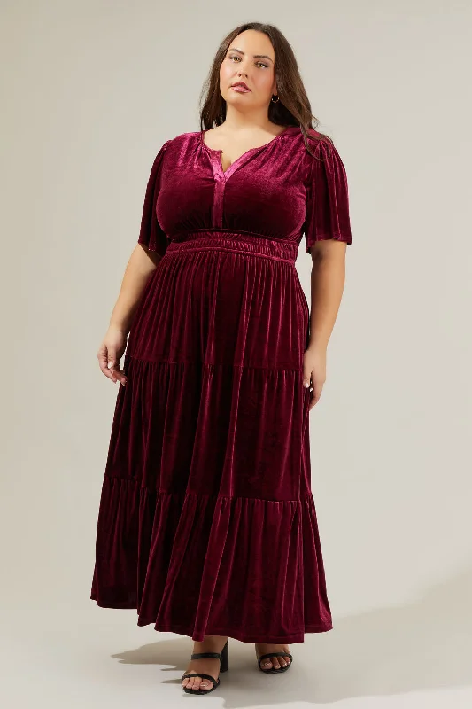 Ruched Maxi Dresses -Ruched Maxi Dresses -Debbie Velvet Tiered Maxi Dress Curve