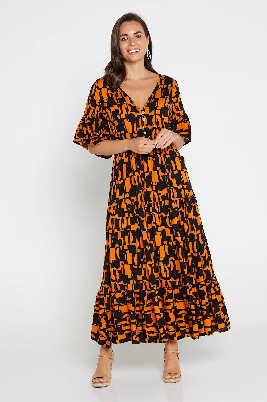 Extended Sleeve Cerulean Maxi Dresses -Extended Sleeve Cerulean Maxi Dresses -Quinn Maxi Dress - Orange/Black Midcentury