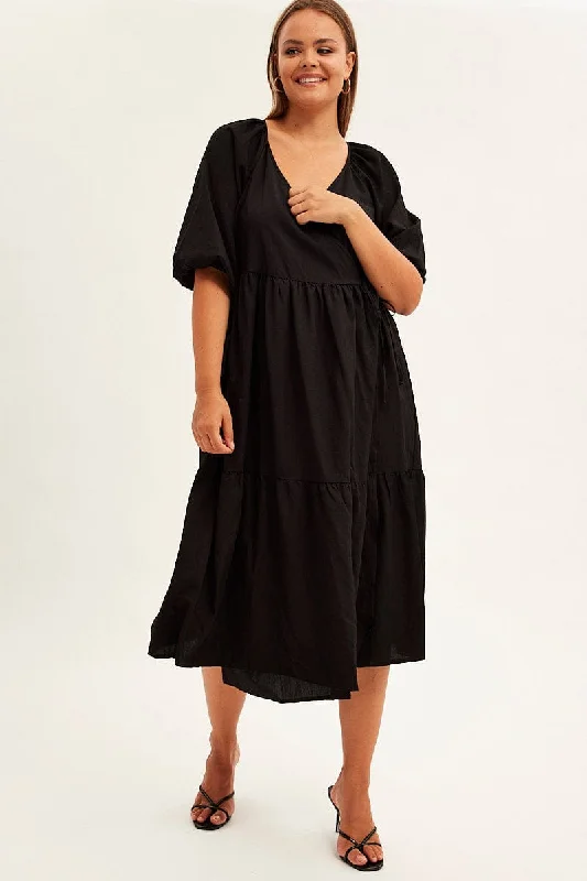 Amber Gabardine Leisure Maxi Dresses -Amber Gabardine Leisure Maxi Dresses -Black Maxi Dress Wrap Short Sleeve