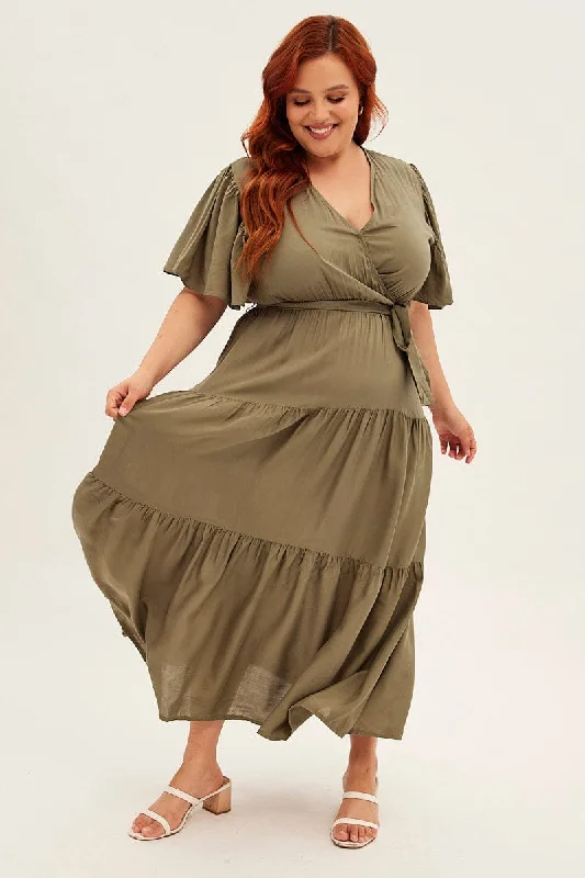 Swing Maxi Dresses -Swing Maxi Dresses -Green Maxi Dress Short Sleeve V-neck Tiered