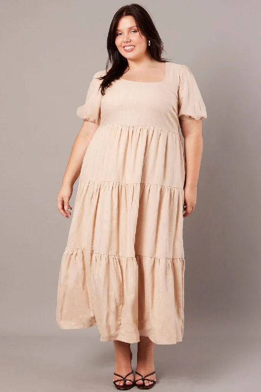 Alluring Rose Gold Maxi Dresses -Alluring Rose Gold Maxi Dresses -Beige Scoop Neck Linen Maxidress With Pockets