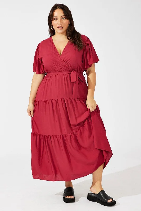 Jade Tropical Maxi Dresses -Jade Tropical Maxi Dresses -Red Maxi Dress Short Sleeve V-neck Tiered