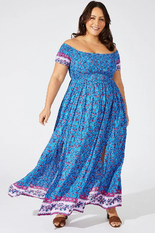 Nuptial Cerulean Maxi Dresses -Nuptial Cerulean Maxi Dresses -Blue Boho Maxi Dress Short Sleeve Shirred