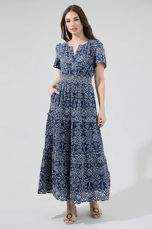 Moss Lurex Maxi Dresses -Moss Lurex Maxi Dresses -Viridiana Floral Eyelet Palmer Tiered Maxi Dress