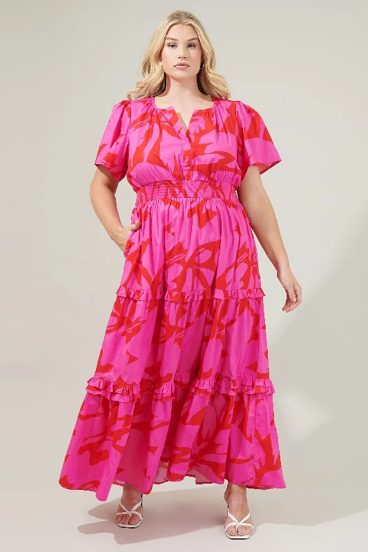 Nuptial Maxi Dresses -Nuptial Maxi Dresses -Jolene Abstract Palmer Poplin Tiered Maxi Dress Curve