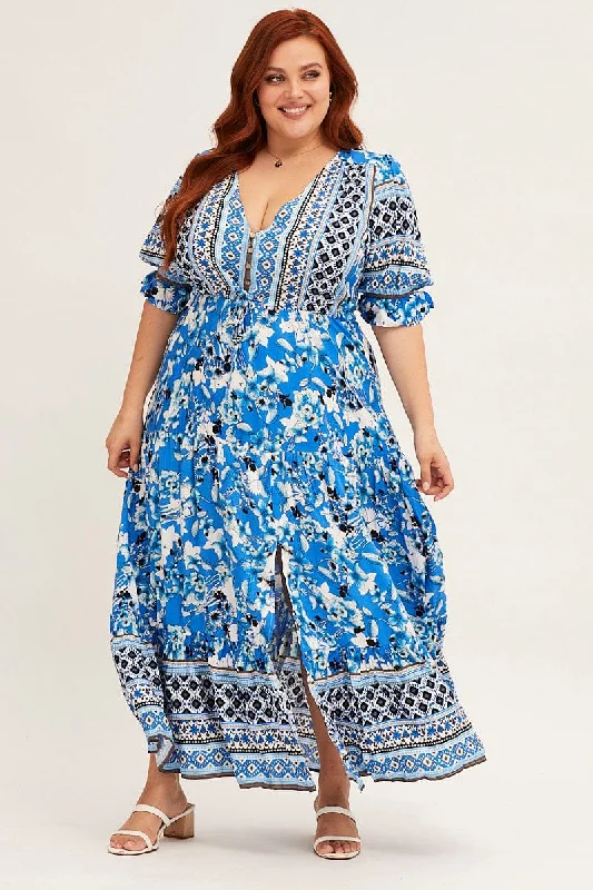 Economical Maxi Dresses -Economical Maxi Dresses -Boho Print Short Bubble Sleeve Boho Print Maxi Dress