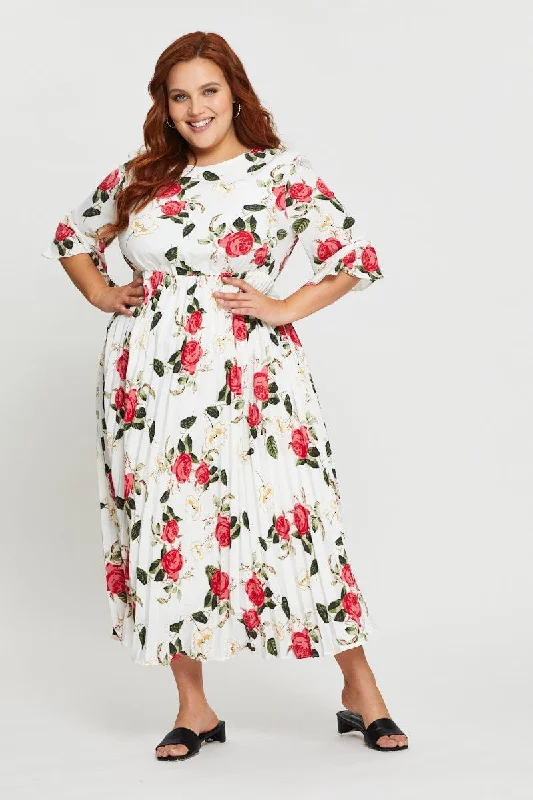 Voile Gathering Maxi Dresses -Voile Gathering Maxi Dresses -Floral Print Maxi Dress Round Neck Short Sleeve