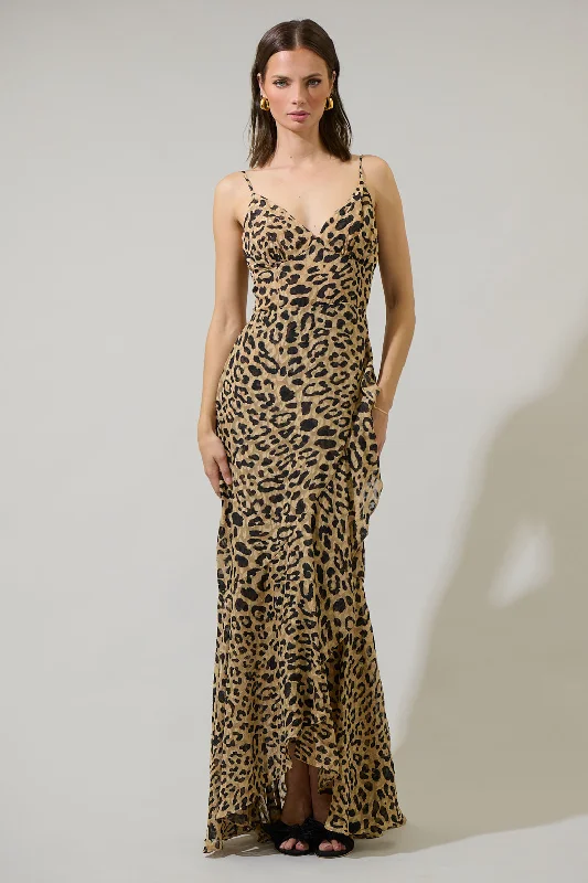 Muslin Maxi Dresses -Muslin Maxi Dresses -Clare Leopard Doris Ruffle Maxi Dress