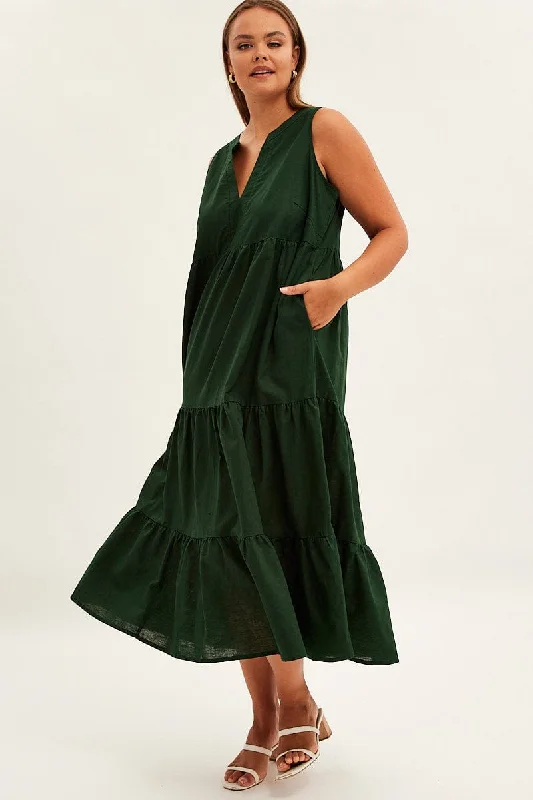 Pom-Pom Maxi Dresses -Pom-Pom Maxi Dresses -Green Maxi Dress Sleeveless Tiered Linen Blend