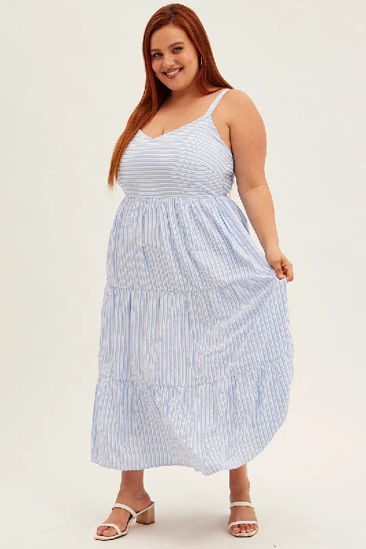 Economical Tiffany Maxi Dresses -Economical Tiffany Maxi Dresses -Blue Stripe Maxi Dress Sleeveless V-neck Tiered