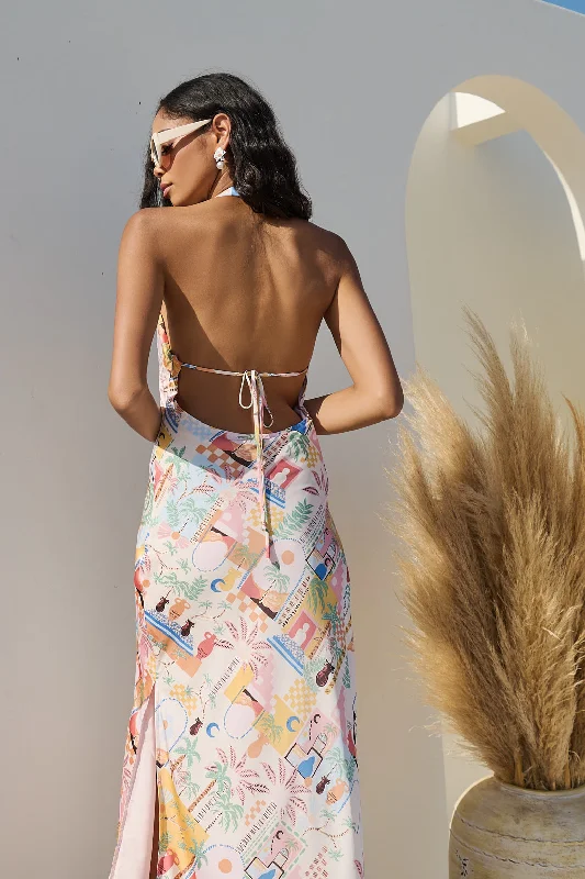 Exposed Back Cerulean Maxi Dresses -Exposed Back Cerulean Maxi Dresses -Down The Sunset Yuma Halter Maxi Dress