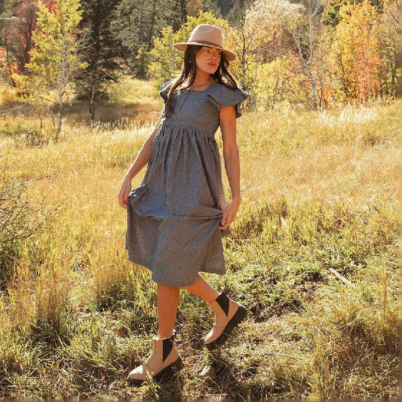 Uneven Shoulder Oatmeal Maxi Dresses -Uneven Shoulder Oatmeal Maxi Dresses -Hailey Maxi Dress, Black Chambray