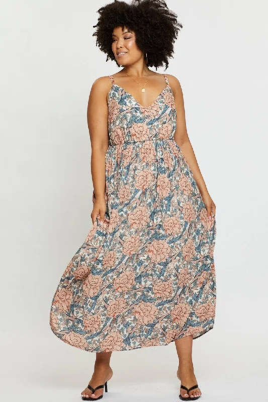 Muslin Coastal Maxi Dresses -Muslin Coastal Maxi Dresses -Floral Print Maxi Dress V-neck Sleeveless